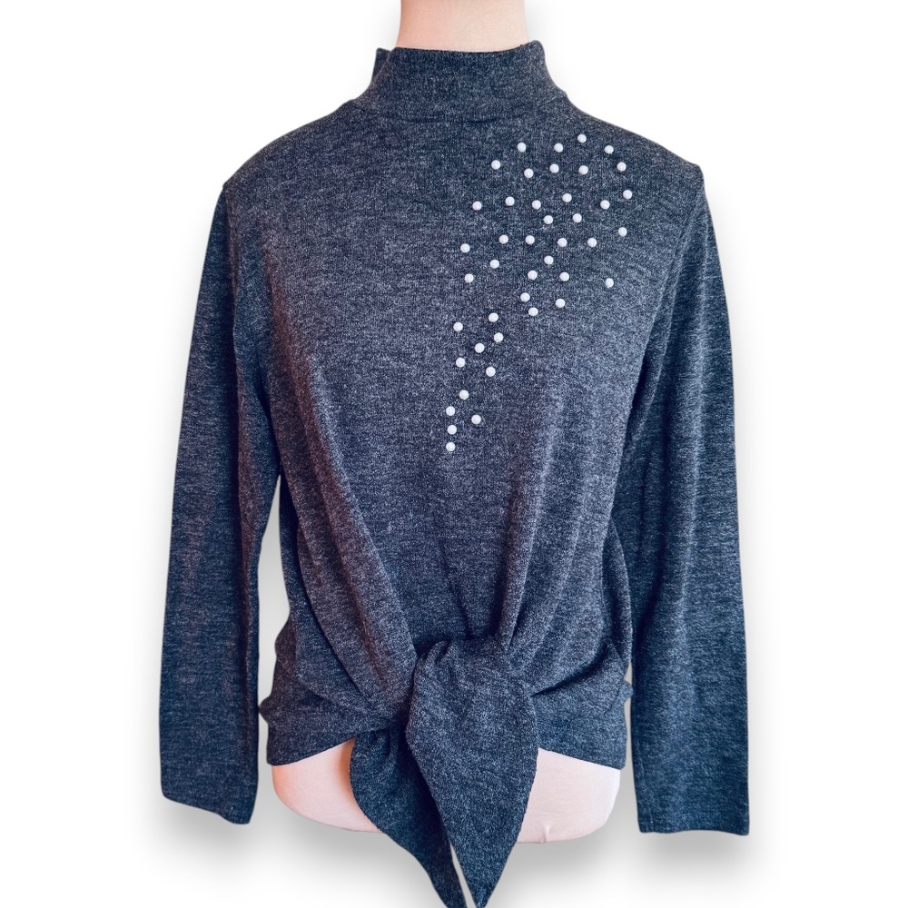 ZARA Charcoal Gray Mock-Neck Pearl Embellished Tunic Sweater – Size M